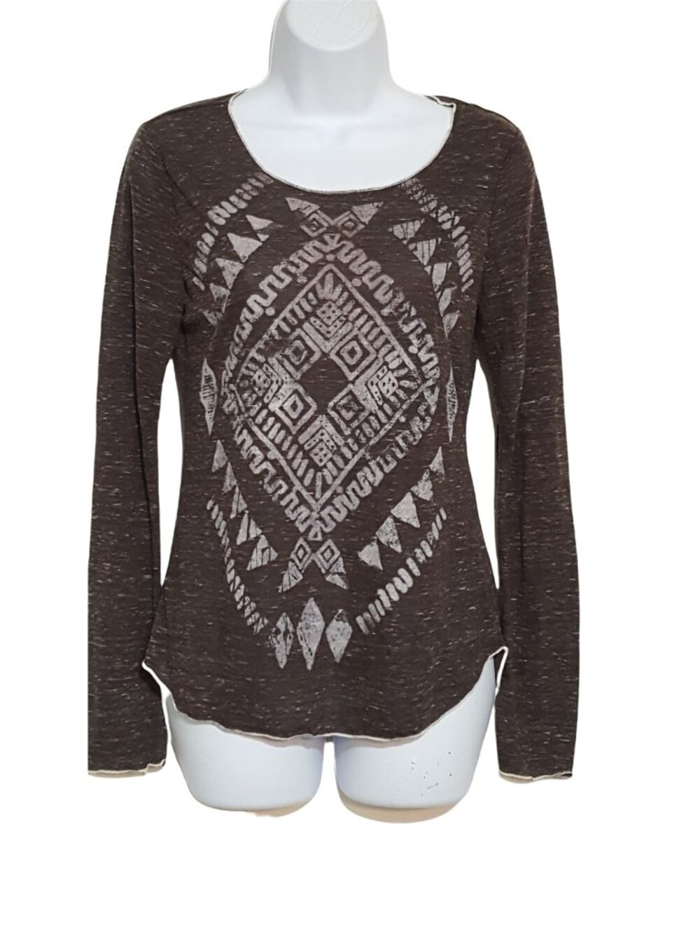 Buckle Womens Blouse M Gray Tribal Aztec Southwest Knit Stretch Long Sleeve Boho